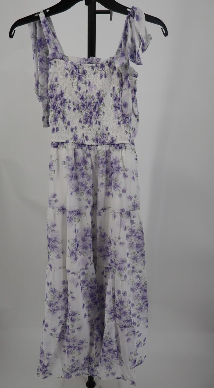 NEW White Birch Shirred Dress Purple Smocked Tie Strap Sleeveless Tiered Size L